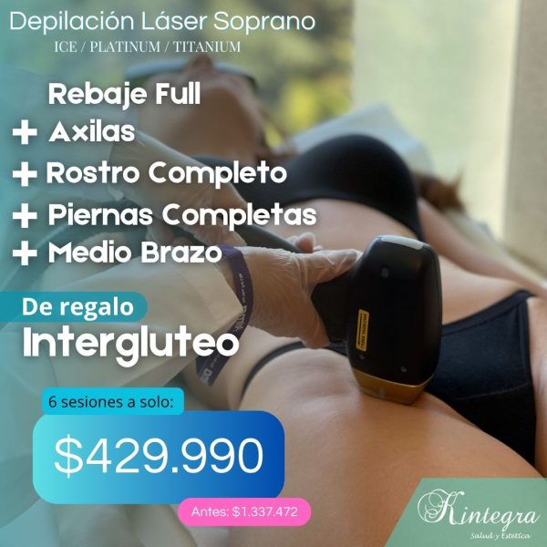 Pack: Rebaje Full + Axilas + Rostro Completo + Piernas Completas + Medio Brazo (6 sesiones)